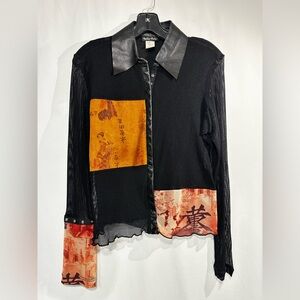 Leather and Suede Mesh Asian Pattern Snap Button Blouse